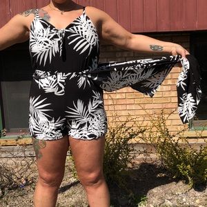 Palm print caped romper